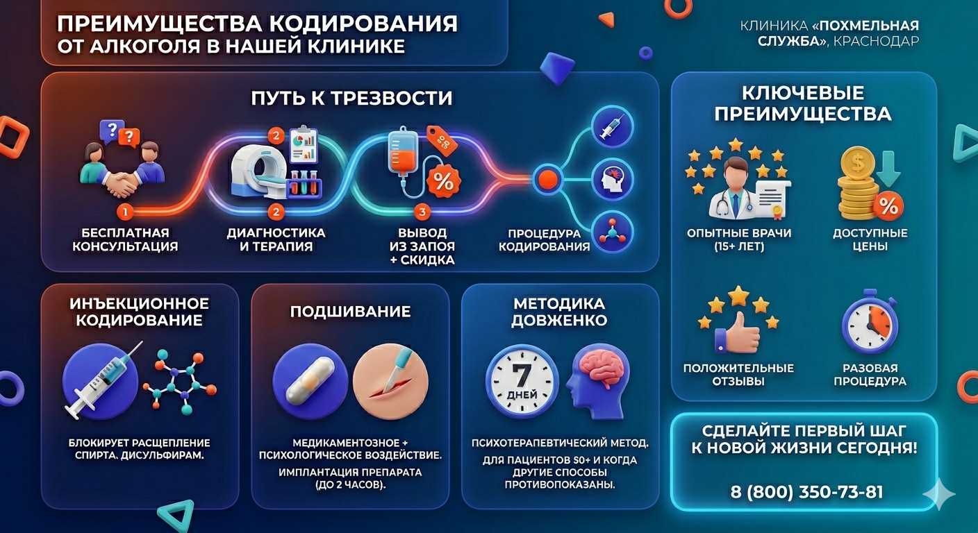 Инфографика о методах кодирования от алкоголя в Давленканово: инъекции, подшивание, метод Довженко. Преимущества клиники и этапы лечения.