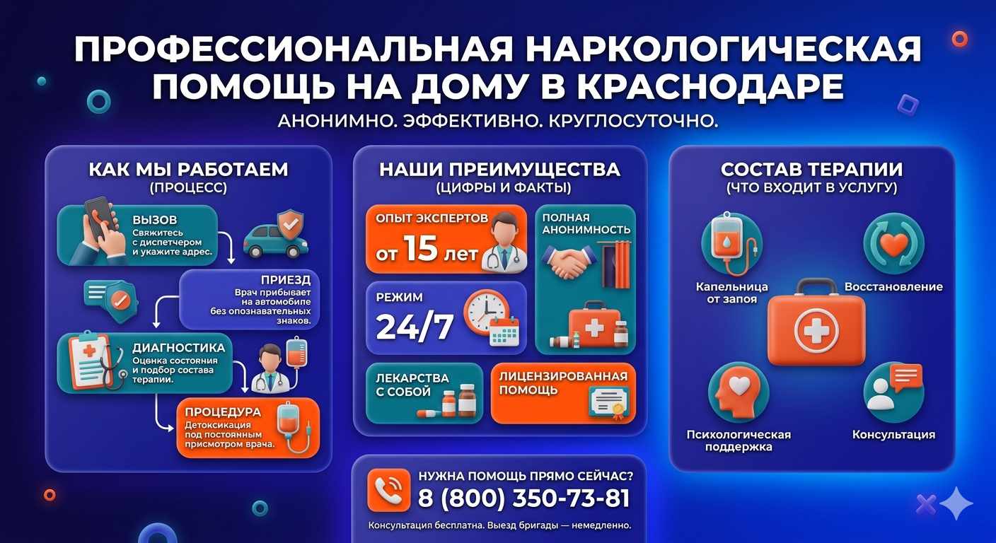 Инфографика о принципах лечения алкоголизма на дому в Давленканово: этапы вызова нарколога, преимущества анонимной детоксикации и состав медицинской помощи.